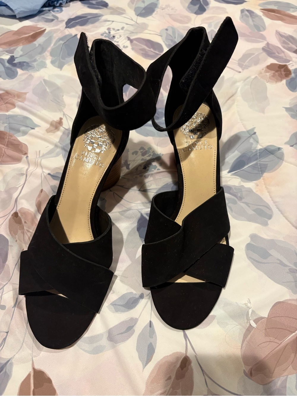 Vince Camuto Black Suede Crisscross Open-Toe Ankle Strap Heels